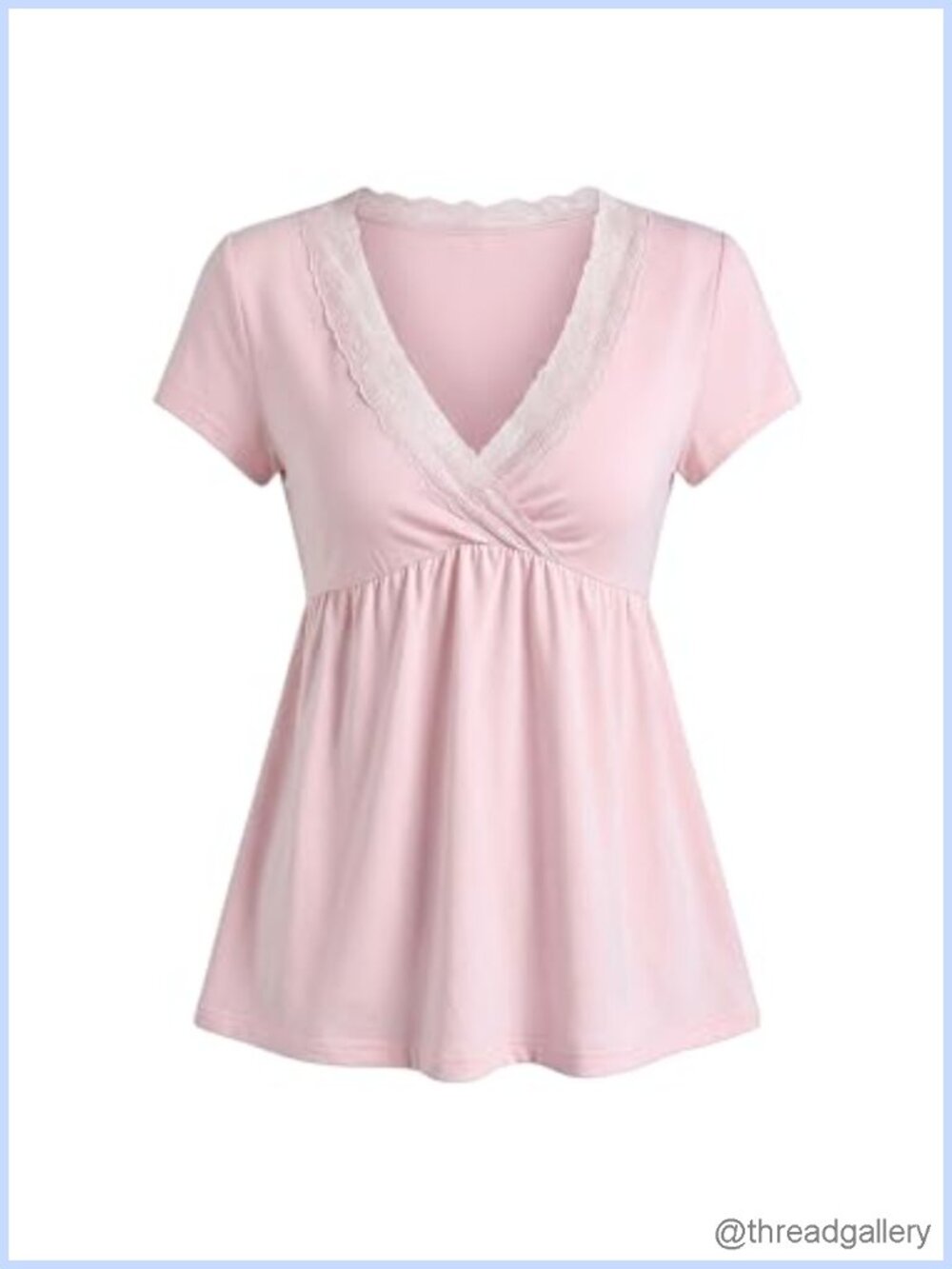 Lace Trim V Neck Peplum Top Short Sleeve T-Shirt